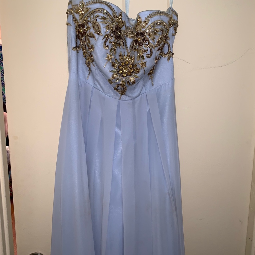Light blue and gold strapless dress